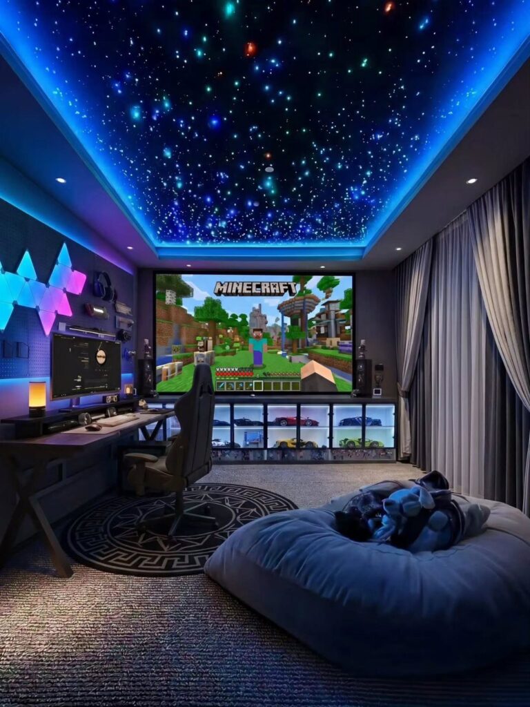 Gaming room with a starry ceiling, blue LED lights, and Minecraft on screen.