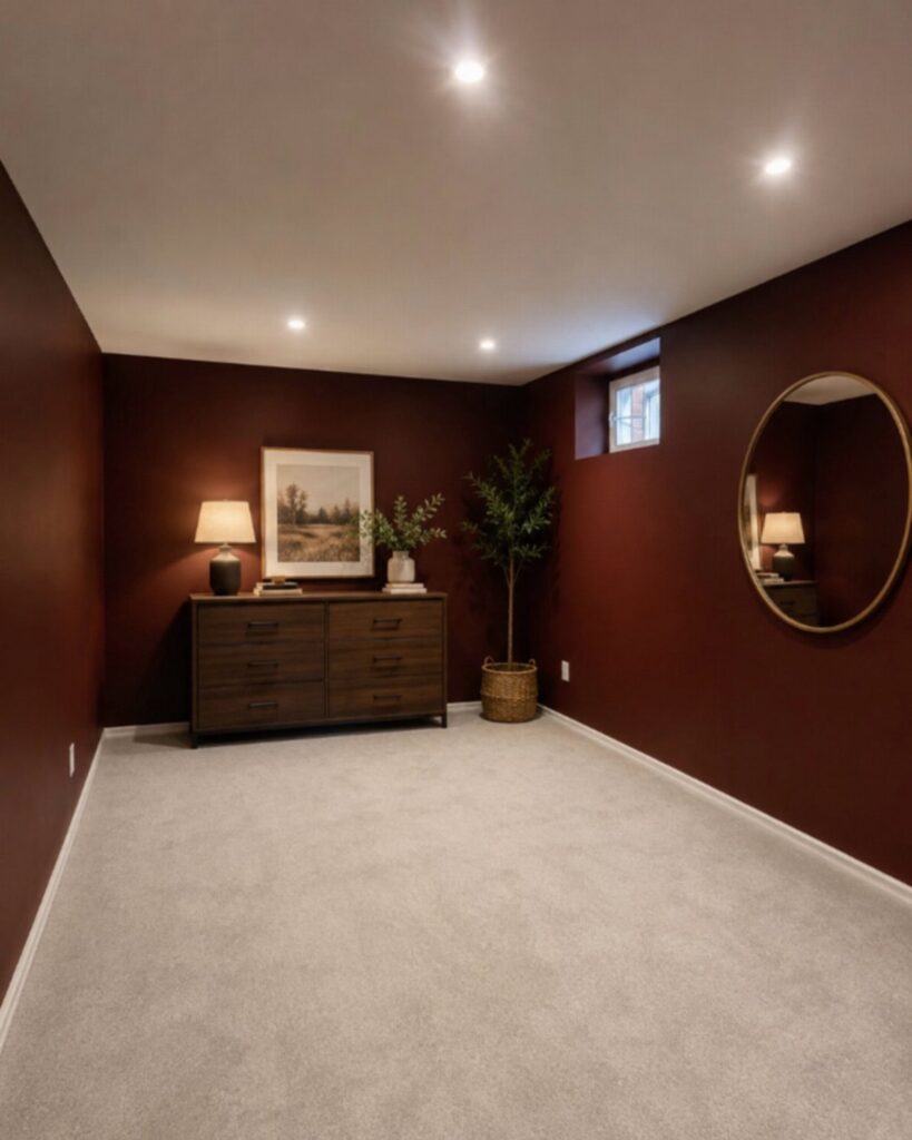 Dark wood dresser and round gold mirror against deep red basement walls.