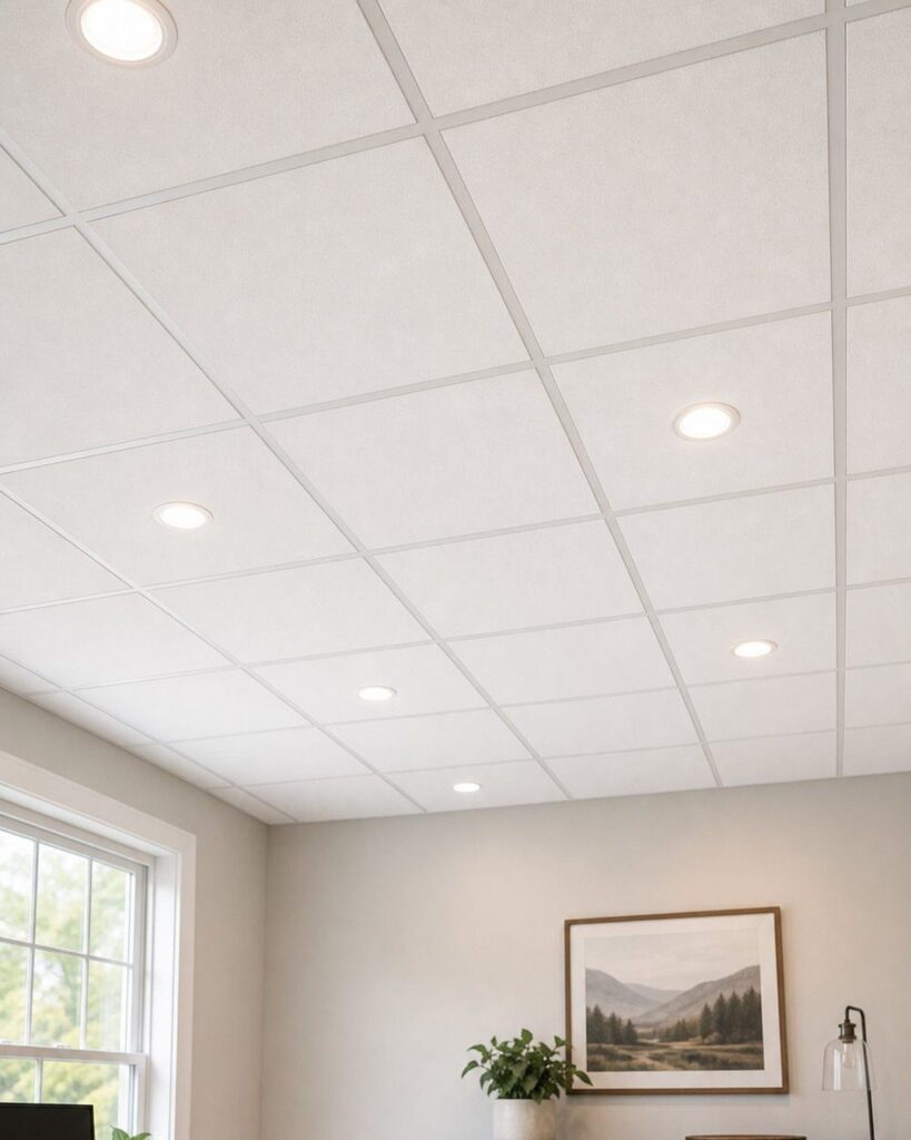 White grid drop ceiling with recessed lighting in a modern grey room