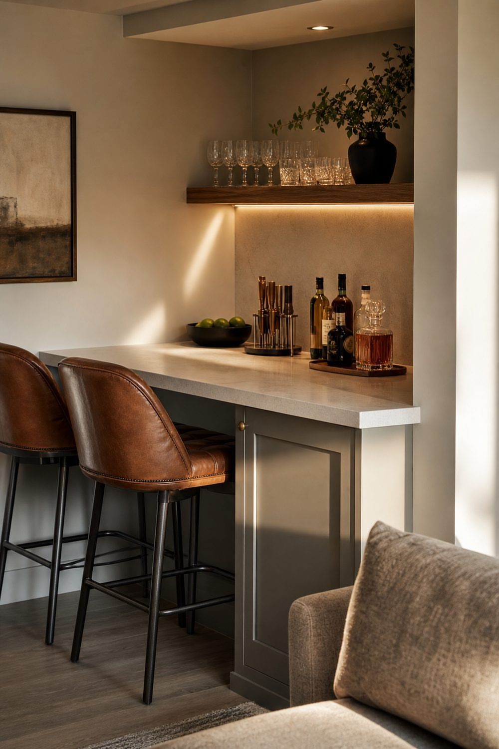 Modern home bar with white countertop, leather stools, and liquor bottles on display.