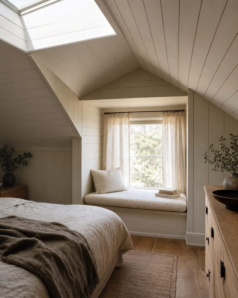 Attic bedroom with sloped white ceilings, a skylight, and a cozy window seat.