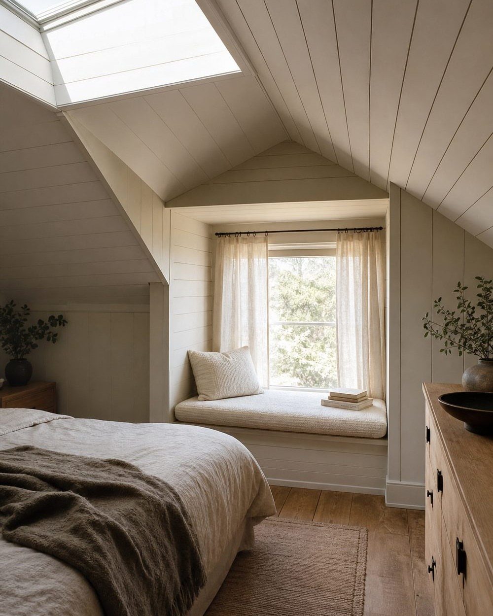 Attic bedroom with sloped white ceilings, a skylight, and a cozy window seat.