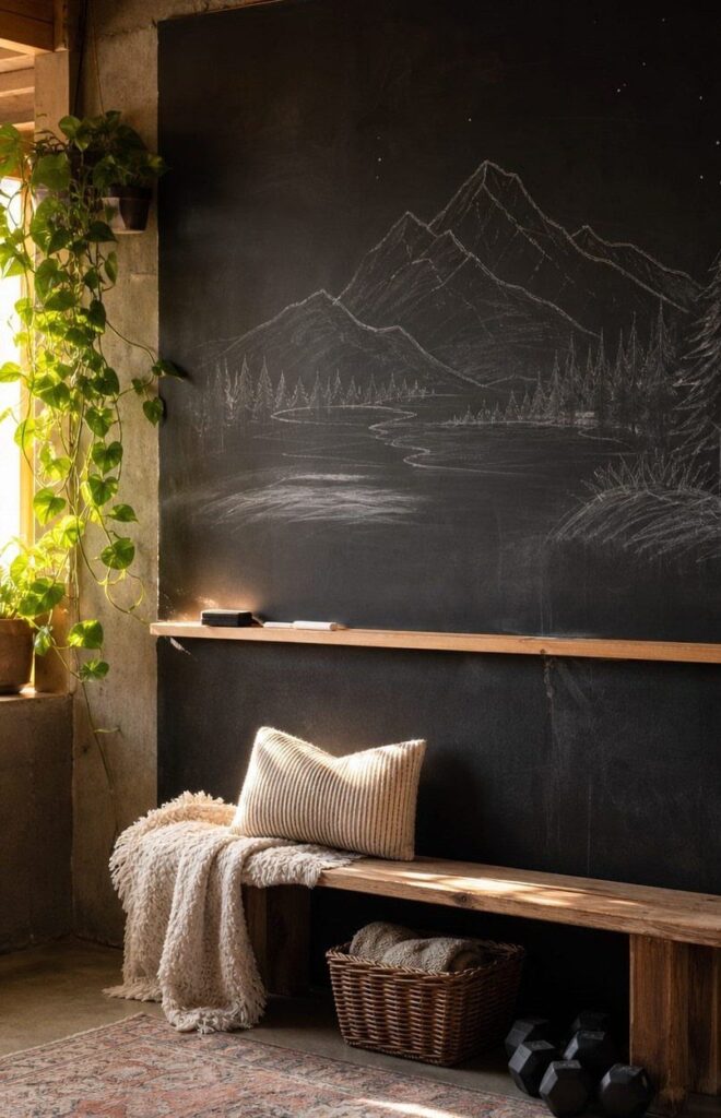 Chalkboard wall with mountain drawing, wooden bench, and home gym accessories in basement.
