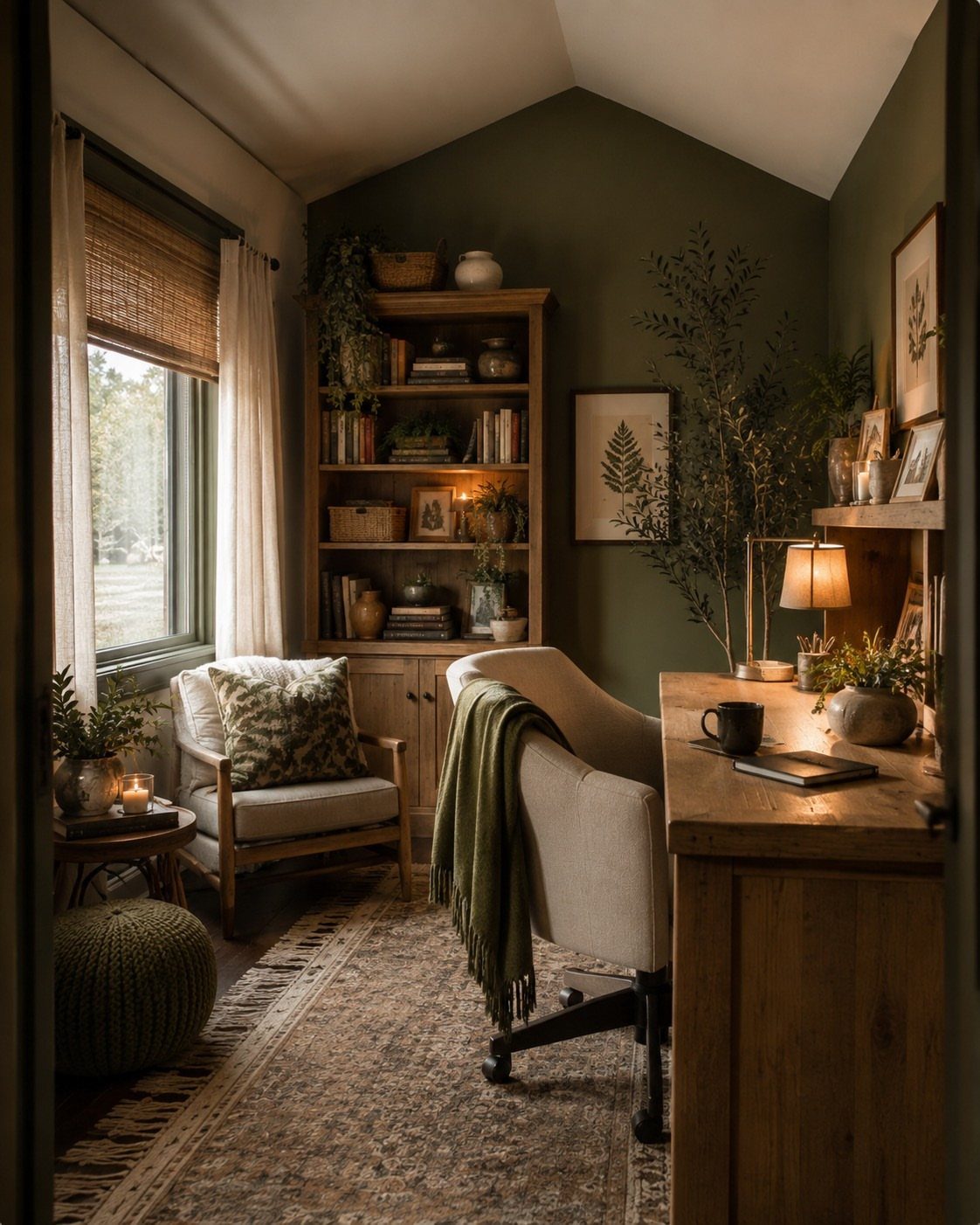 Dark green office walls paired with a natural wood desk and tall bookcase.