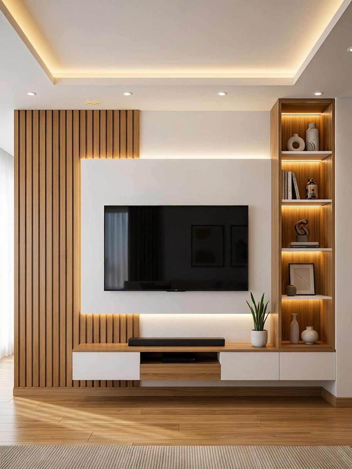 Modern TV wall with wooden slats, built-in shelving, and a white floating console.