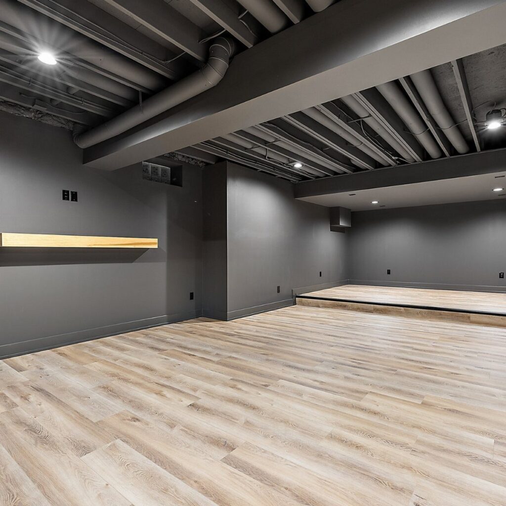 Exposed basement ceiling painted black with industrial pipes and light wood flooring.
