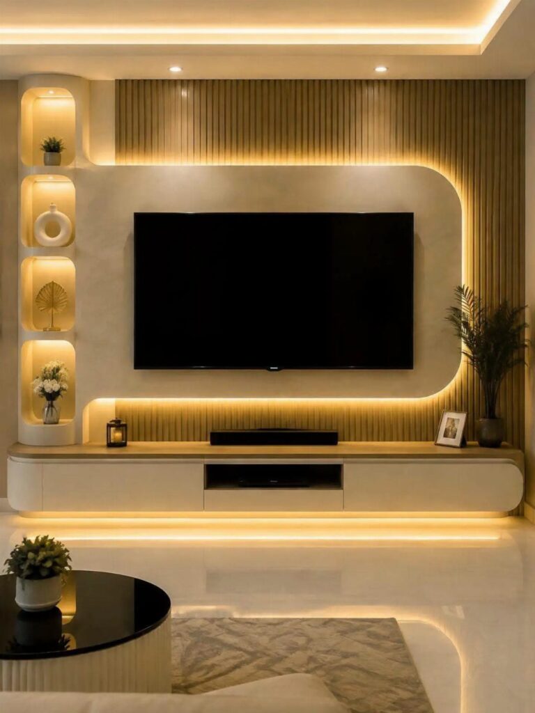 Modern TV room with wood-slatted wall, warm LED lighting, and white floating console.