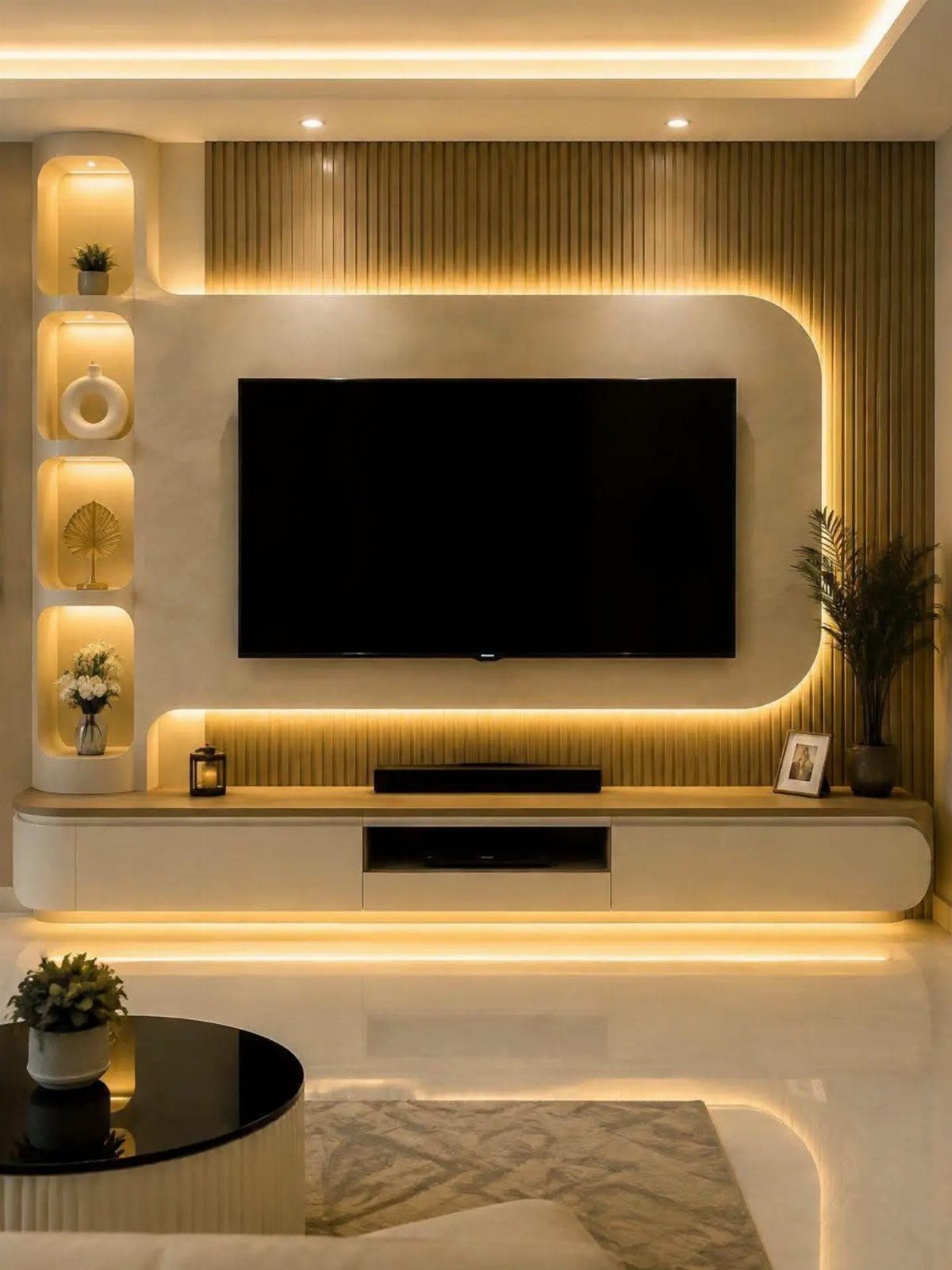 Modern TV room with wood-slatted wall, warm LED lighting, and white floating console.