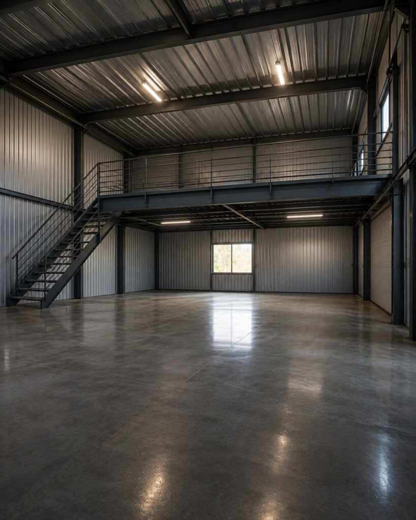Metal garage interior featuring a full-width mezzanine loft with black steel stairs.
