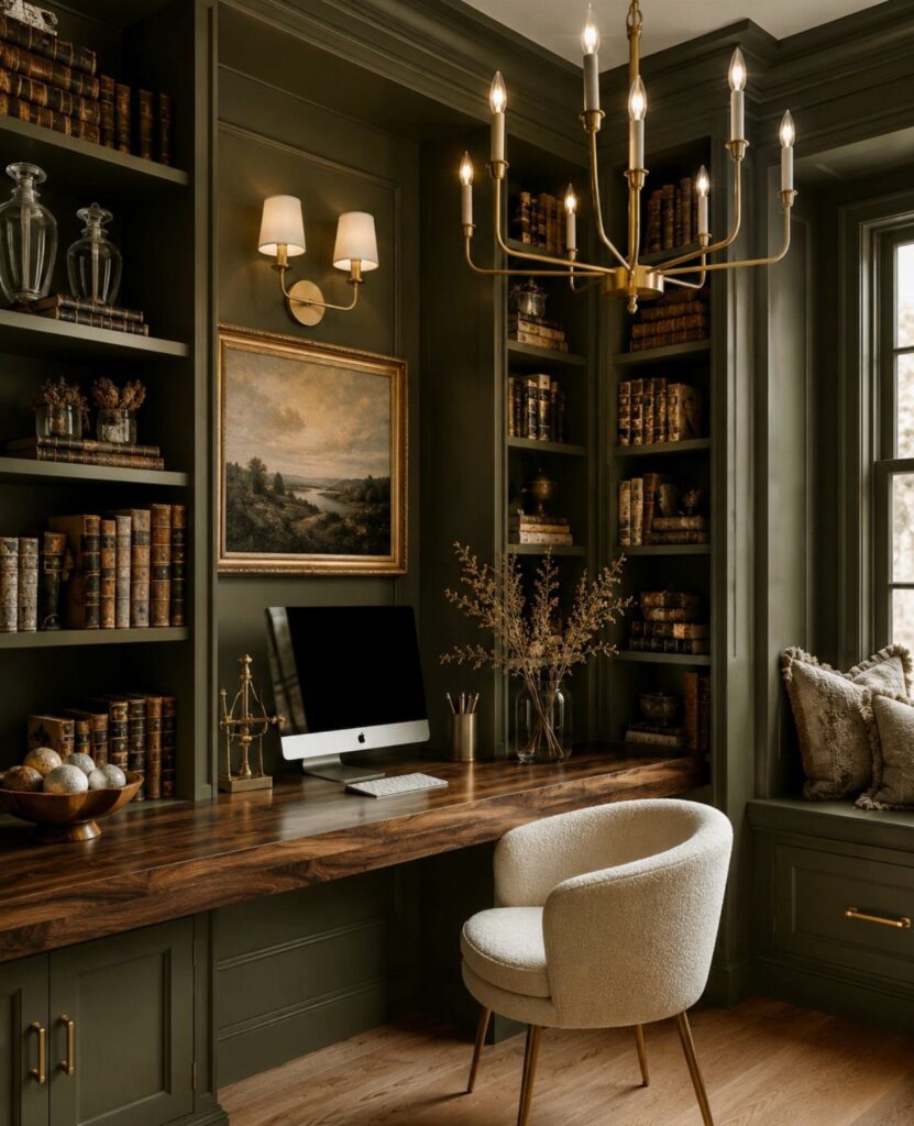 Dark green home office with built-in bookshelves, wooden desk, and white boucle chair.