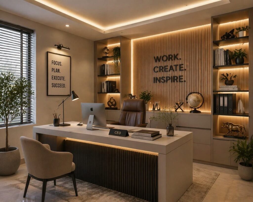 Modern home office with white desk, leather chair, and slatted wood accent wall.