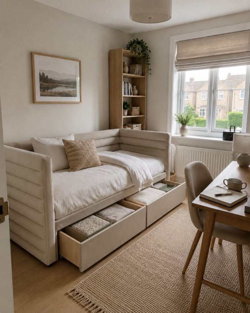 Beige daybed with storage drawers next to a wooden desk in a bright room.