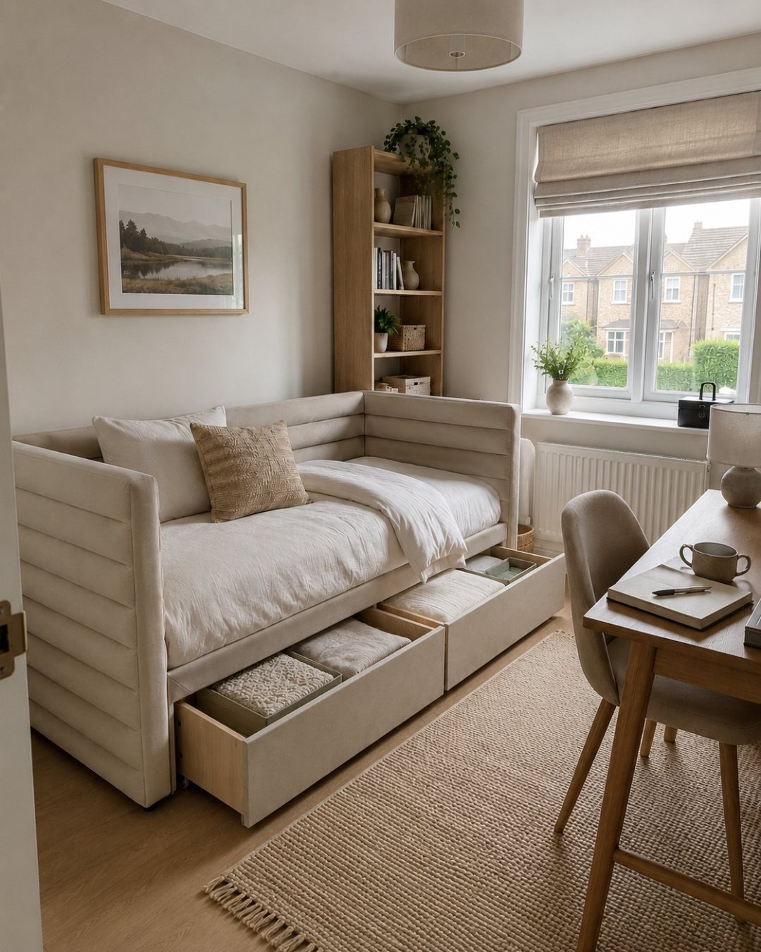 Beige daybed with storage drawers next to a wooden desk in a bright room.