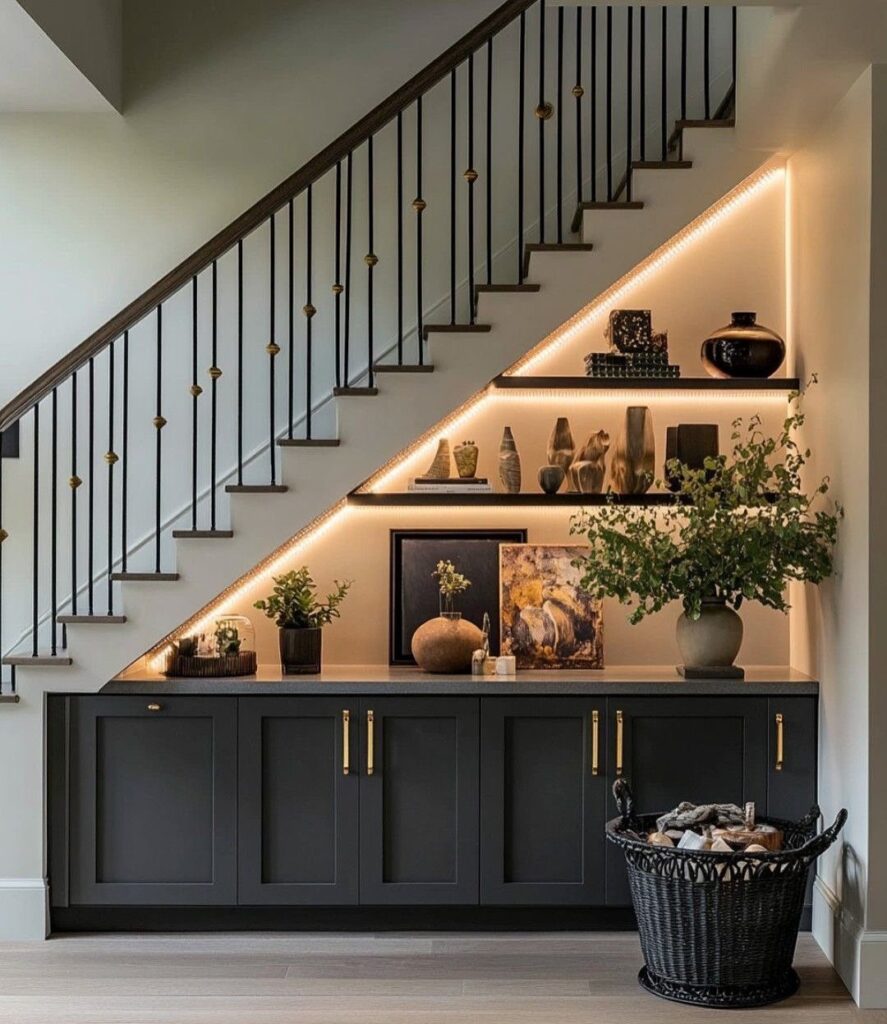 Dark grey built-in cabinets and illuminated shelving under a modern staircase with black railings.