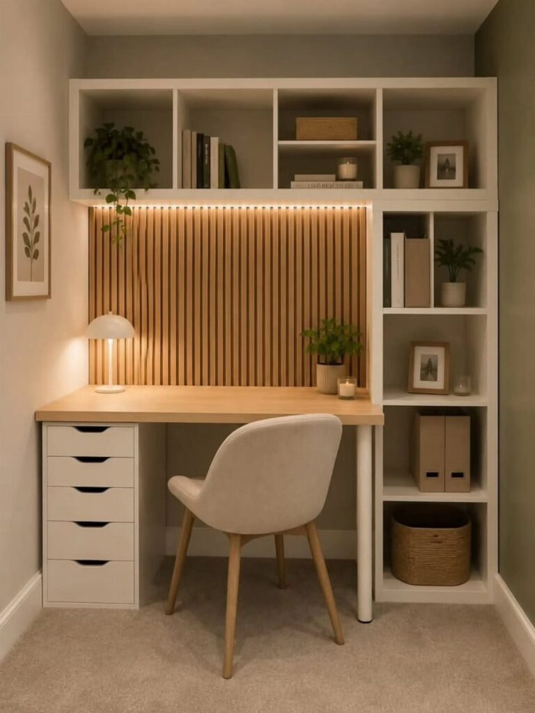 IKEA Alex drawer unit supporting a light wood desk with white shelving and slatted wall.