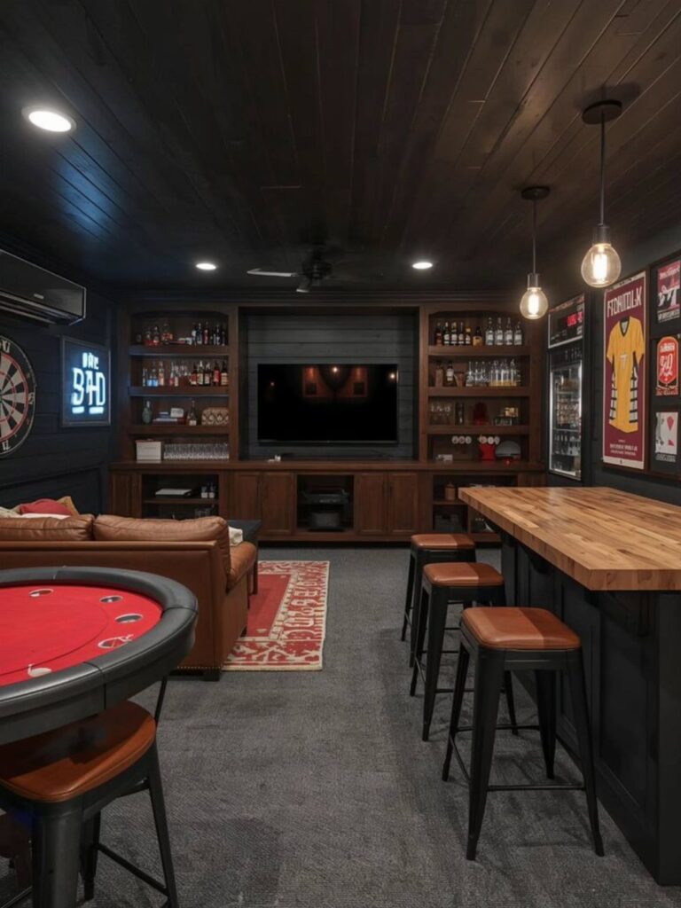 Wooden bar with leather stools in a dark man cave with entertainment center.