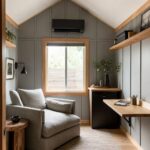 Grey armchair and wooden desk in a modern room with grey paneled walls.