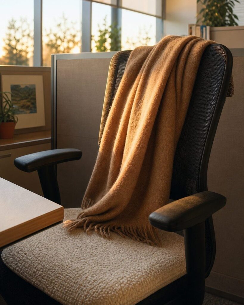 Black office chair with a brown throw blanket and beige cushion by a desk.