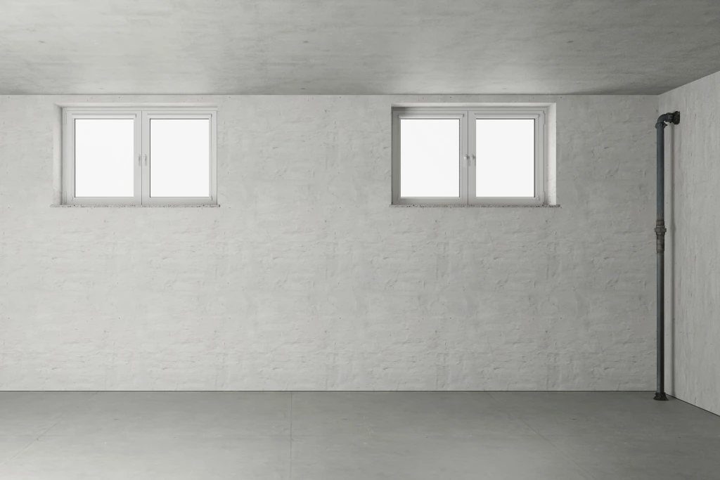 White painted concrete walls in an empty room with two small windows.