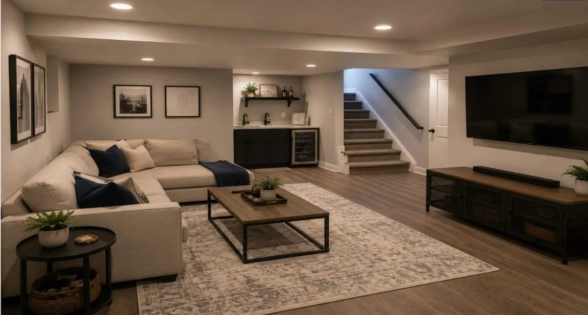 Finished basement living room with a sectional sofa, coffee table, and small wet bar.