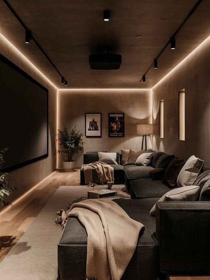 Small home cinema room with a large screen, grey sectional sofa, and warm lighting.