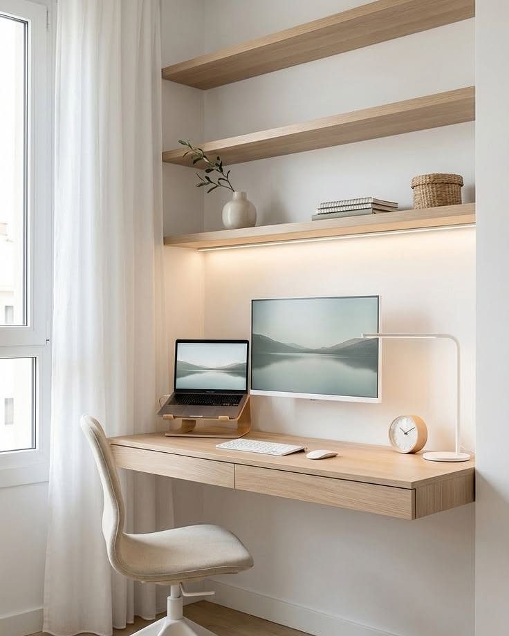 Light wood floating desk with monitor and laptop under matching wall-mounted shelves.