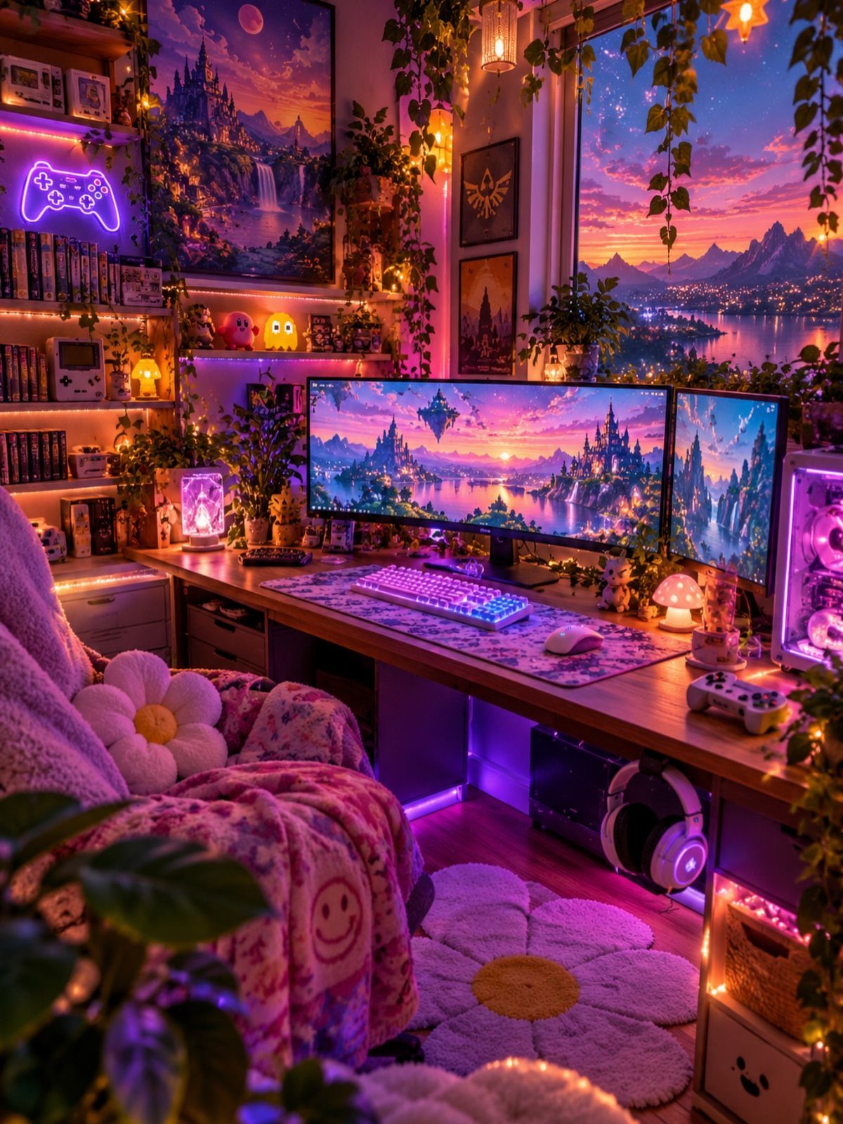 Gaming setup with purple RGB lighting, three monitors, and pink cozy decor.
