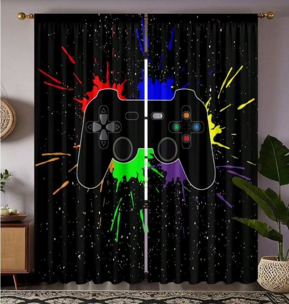 Black curtains with a colorful game controller graphic in a decorated room