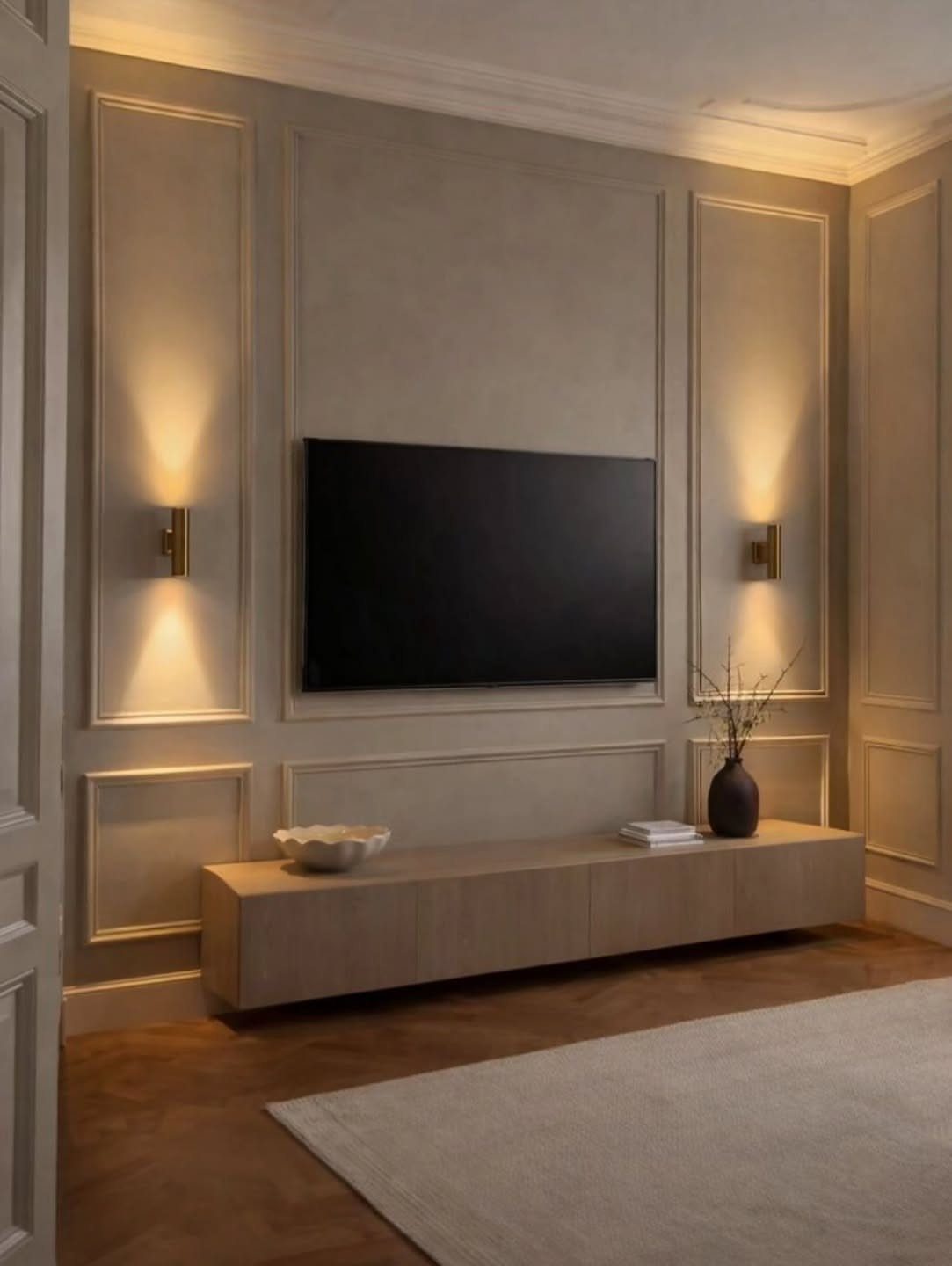 Two gold wall sconces flanking a flat-screen TV on a paneled wall