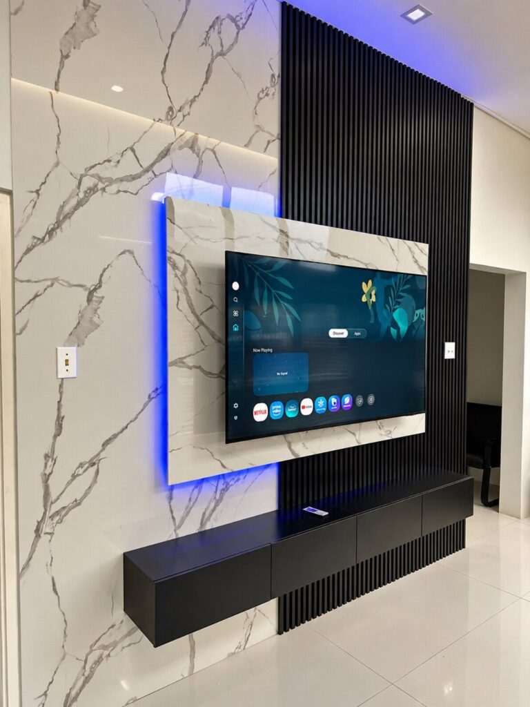 Modern wall TV panel design with marble textures, black slats, and blue lighting.