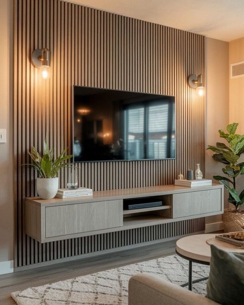 Flat-screen TV mounted on a vertical wood slat wall with a floating console.