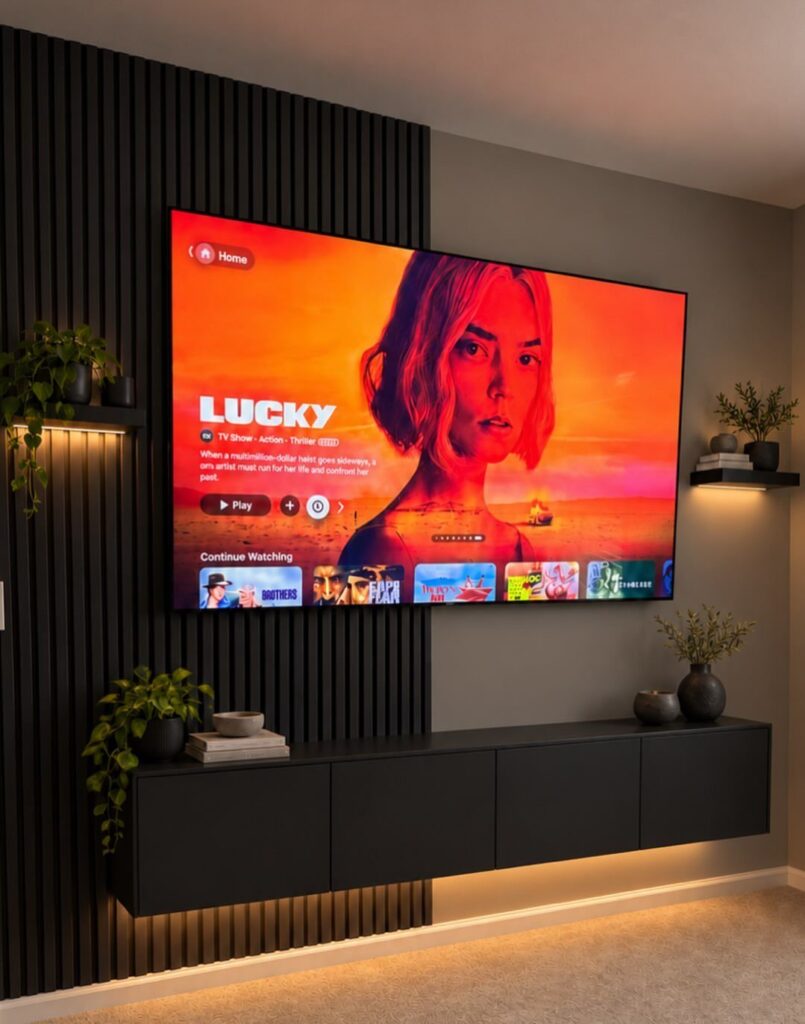 Flat-screen TV mounted on black vertical wood slat paneling with floating black cabinet.