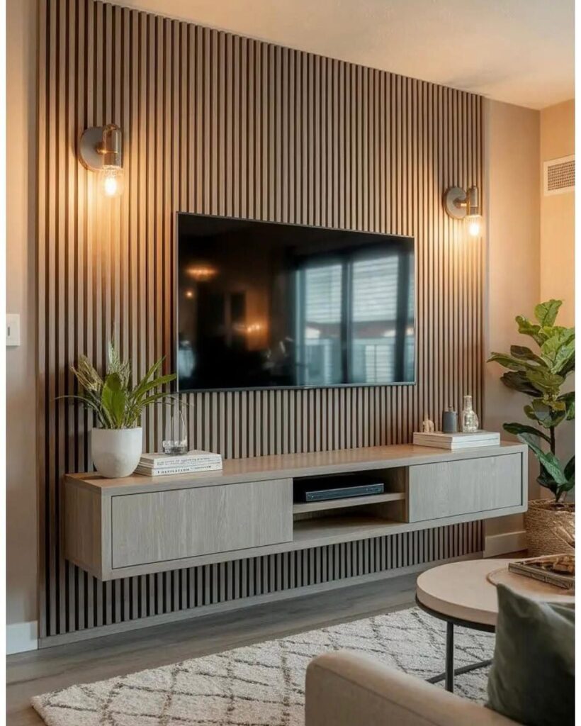Wood slat feature wall with a mounted TV and floating grey console cabinet.