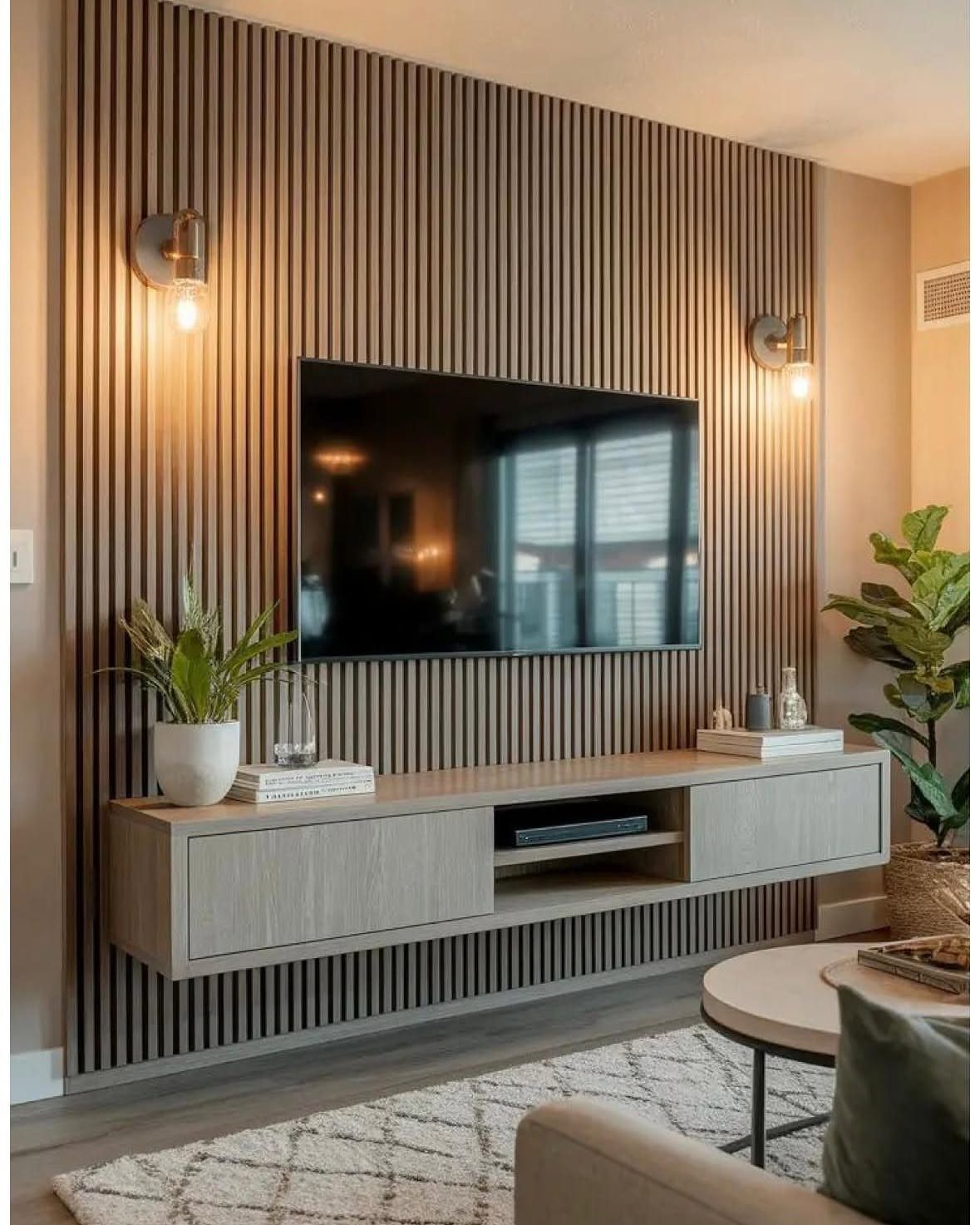 Wood slat feature wall with a mounted TV and floating grey console cabinet.